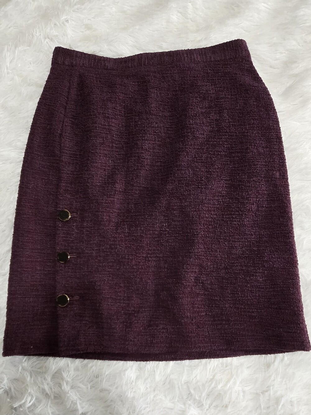 Plum Knit Pencil Skirt with Gold Button Detail